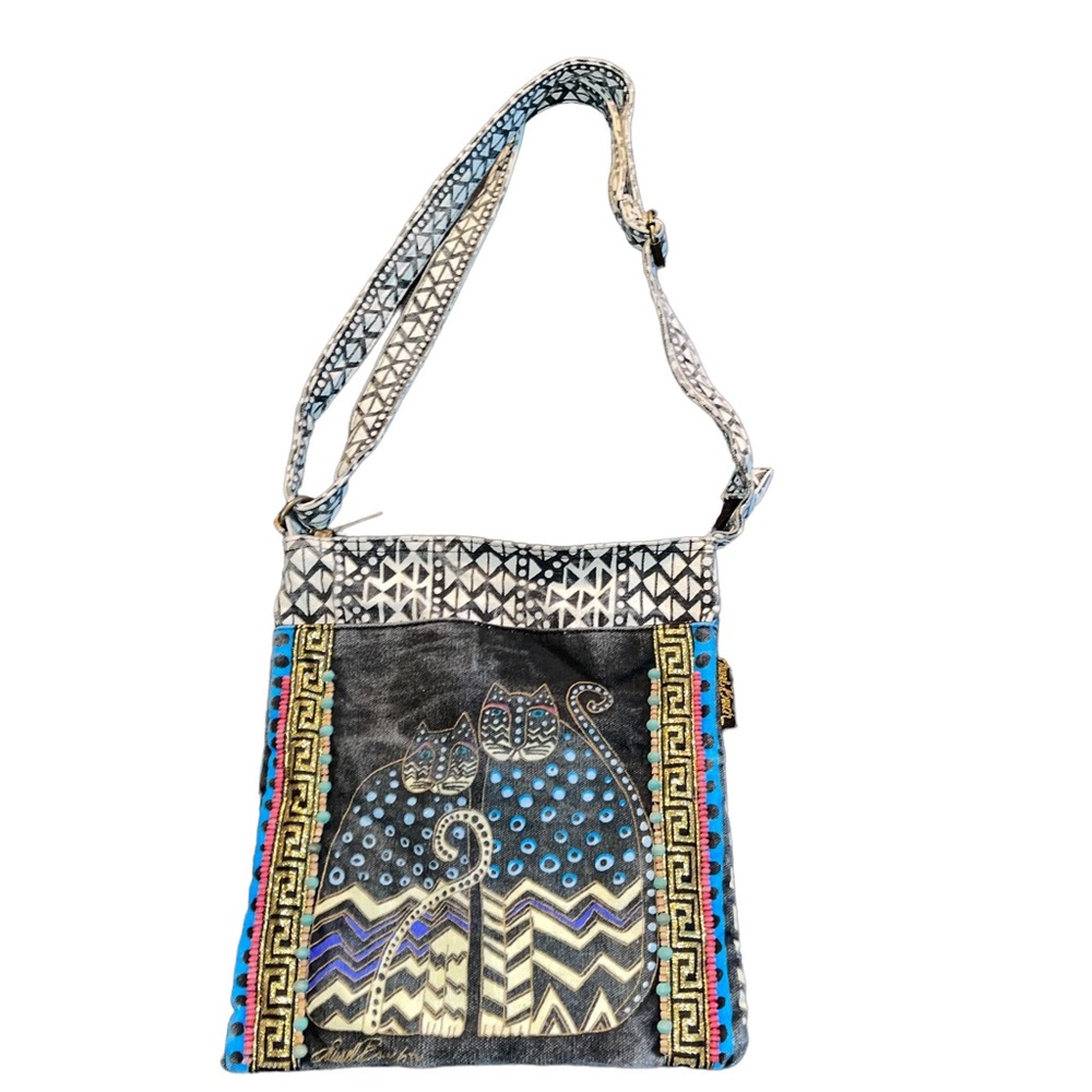Laurel Burch Crossbody Bag Cats Boho Distressed  Canvass Bag Adjustable Strap